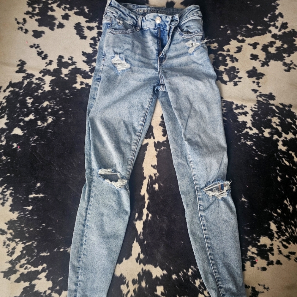 American Eagle Outfitters Blue Skinny Jeans with Distressed Rips